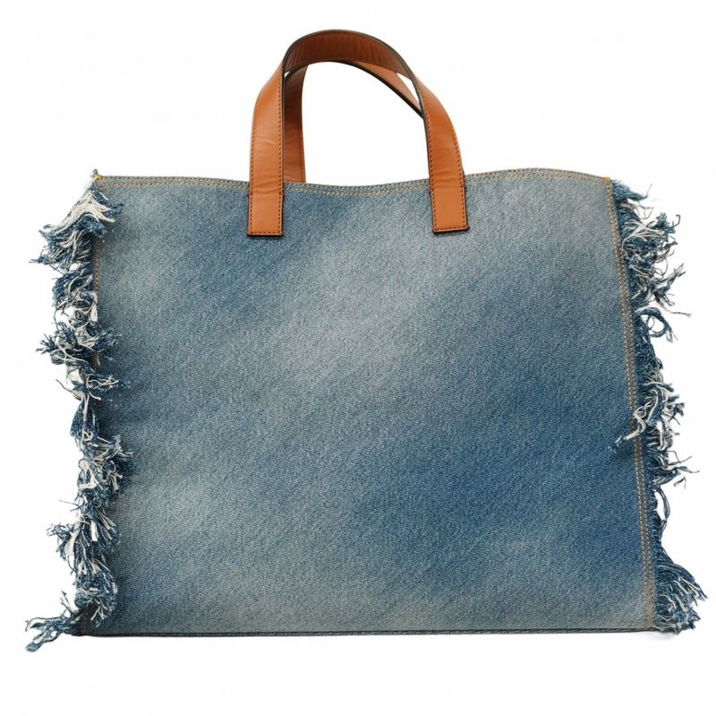 Fendi Tote Bag Denim Blue Light Brown Silver Hardware 2way Bag Ladies