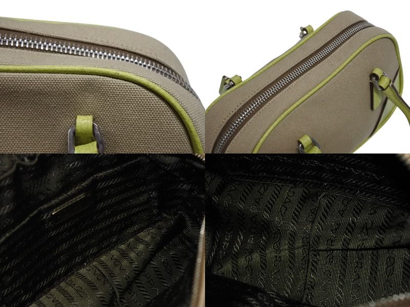 Prada Mini Boston Bag Triangle Logo Leather Canvas Beige Green — view 8