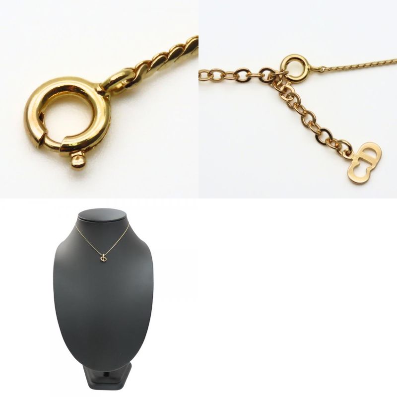 Christian Dior Necklace CD Logo Metal Rhinestone Gold Plated GP Accessories