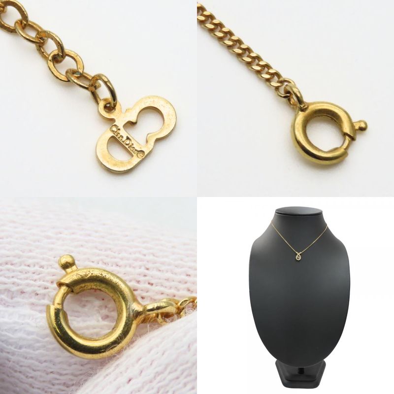 Christian Dior Necklace CD Logo Metal Rhinestone Gold Plated GP Accessories