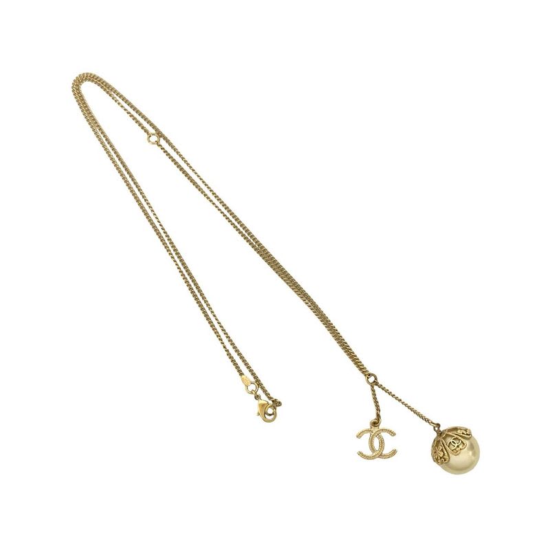 Chanel Coco Mark GP Fake Pearl Necklace Choker Pendant Accessory Gold 87989 06P