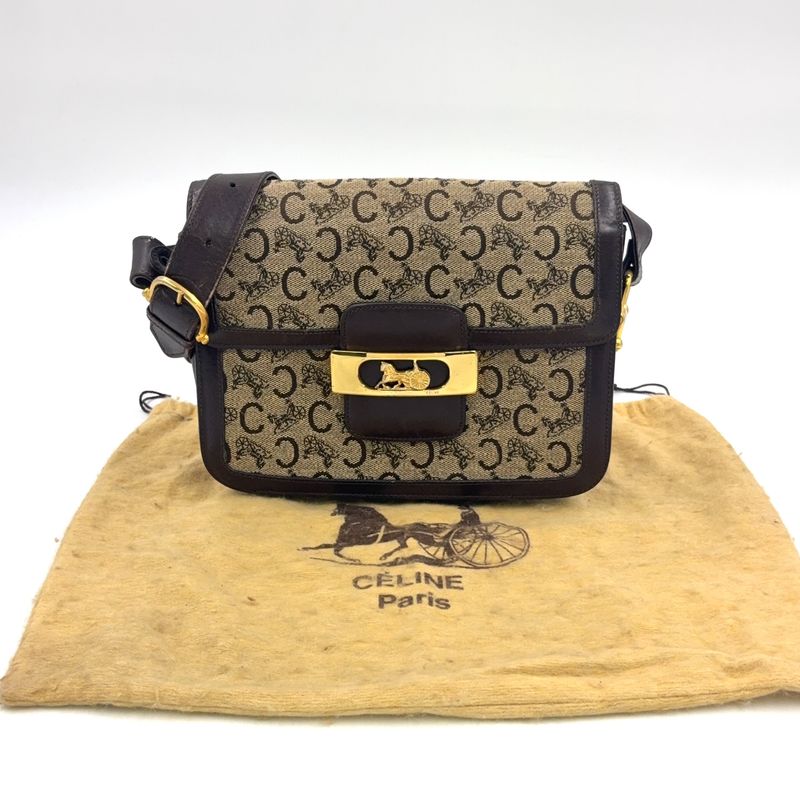 Celine C Saruki Carriage Hardware Leather × Canvas Brown Shoulder Bag Gold
