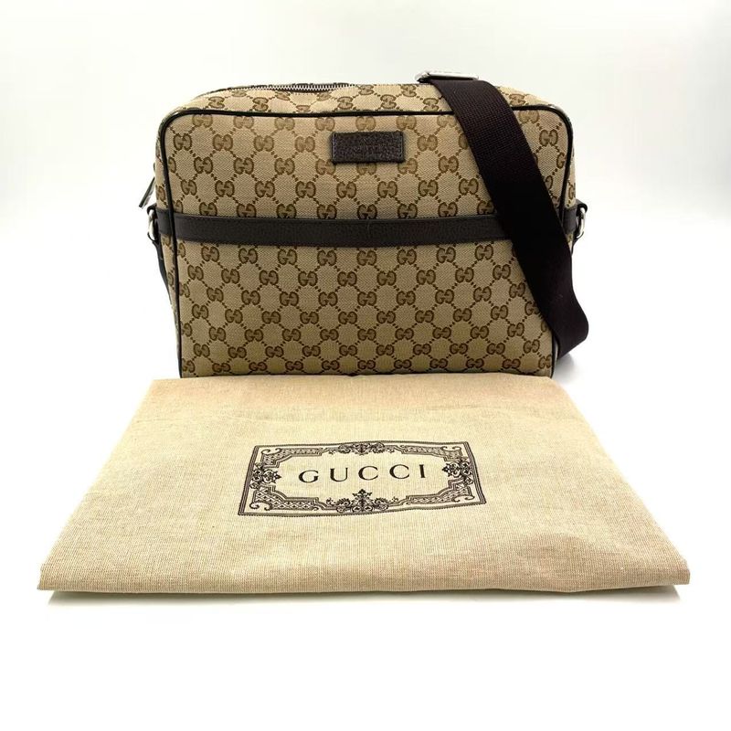 Gucci GG Canvas Leather X Canvas Khaki Beige X Dark Brown Shoulder Bag Silver