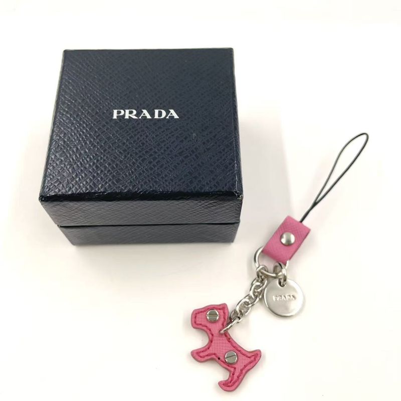 Prada Dog Motif Strap Leather Pink Leather Charm Silver 1ar931