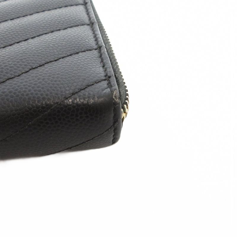 Saint Laurent Paris YSL Logo Long Wallet Caviar Skin Leather Round Zipper Black
