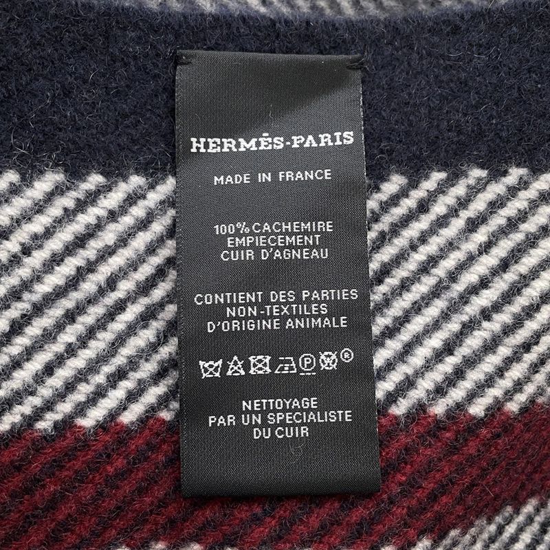 Hermes Scarf Tartan Pocket Cuirelle Applique Cashmere Shawl Gray Marine Rouge Ash