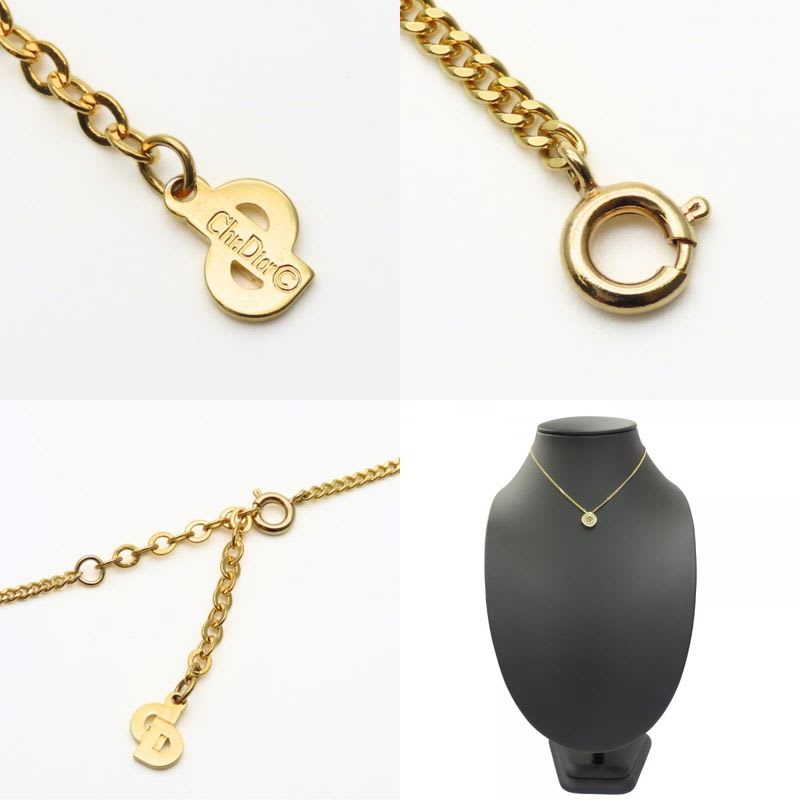 Christian Dior Necklace CD Logo Metal Rhinestone Gold Plated GP Accessories