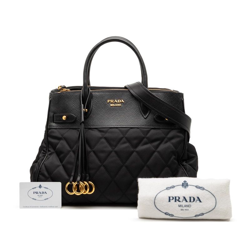 Prada Quilted Handbag Shoulder Bag 2WAY 1ba079 Black Nylon Saffiano Leather