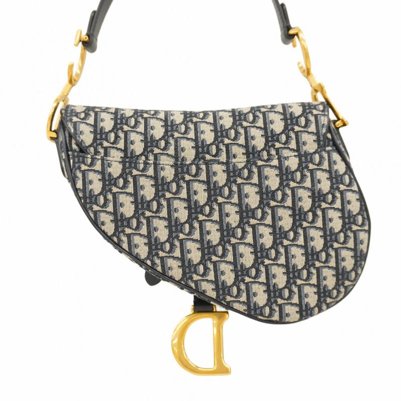Christian Dior Handbag Trotter Oblique Saddle Canvas Navy Gold Hardware Women's