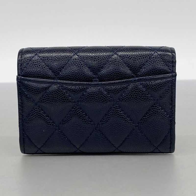 Chanel Card Case Matelasse Caviar Skin Navy Gold Hardware Women's