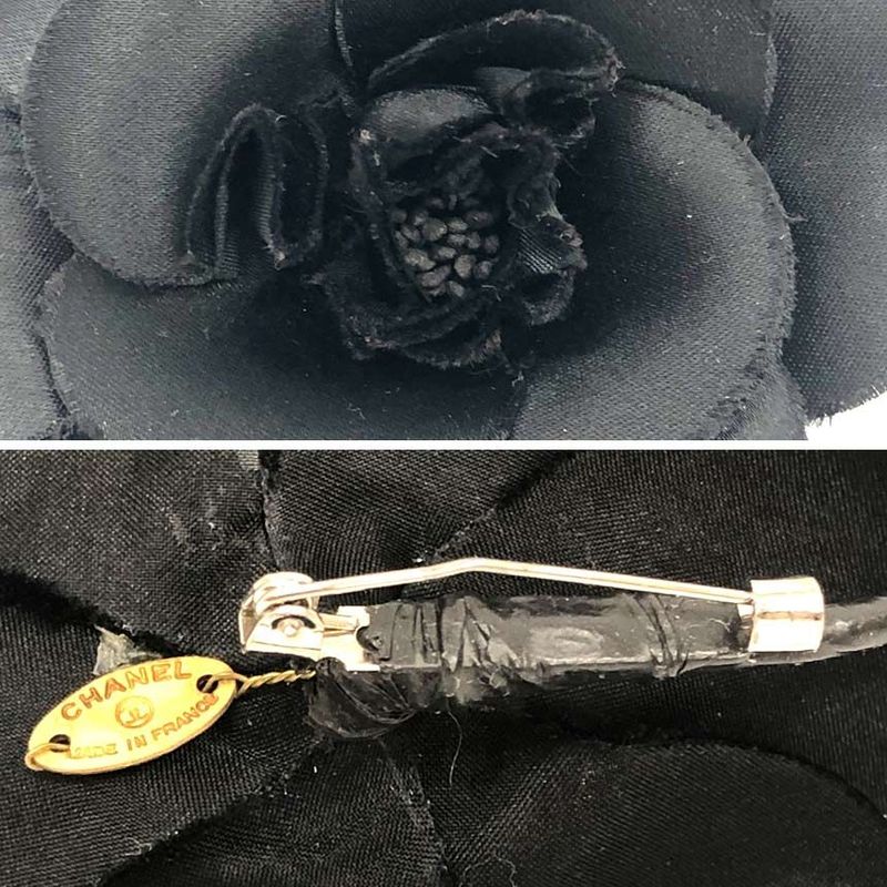 Chanel Satin Camellia Corsage Brooch Flower Black