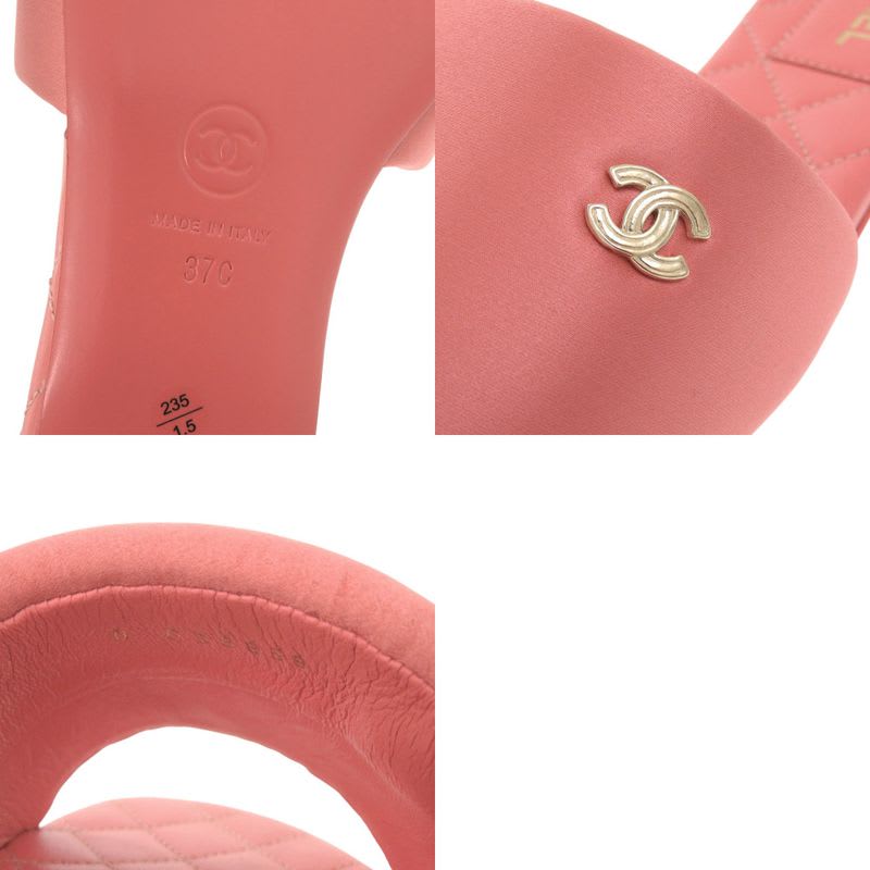 Chanel Flat Sandals Here Mark Satin Pink 0424