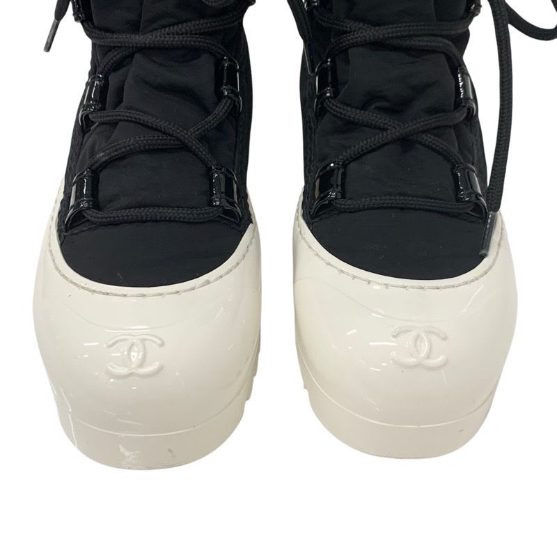 Chanel Boots Short Shoes Nylon Patent Black White Coco Mark Lace Up
