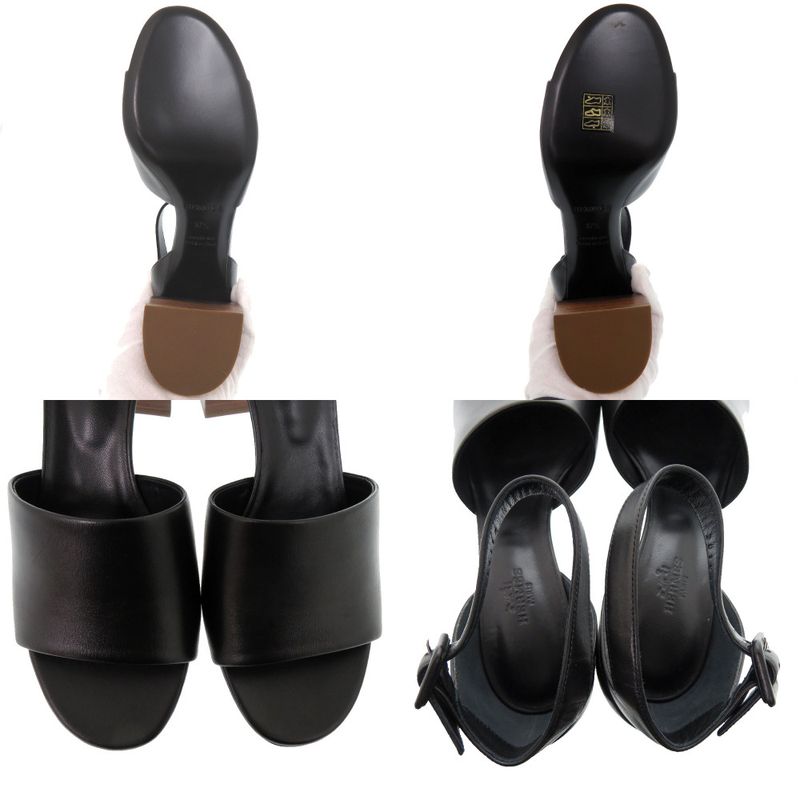 Hermes Ankle Strap Chunky Heel 20103iz Leather Wood Black Sandals 1897 Hermes