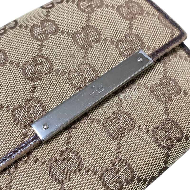 Gucci W Hook Wallet Metal Bar 112664 Dark Brown X Beige Leather