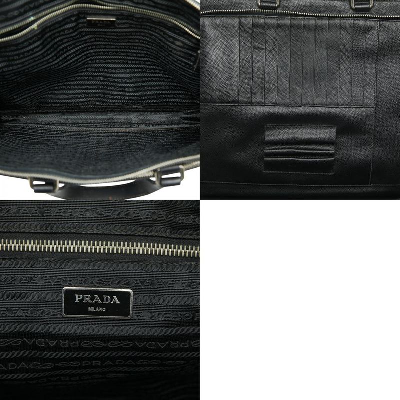 Prada Triangle Logo Plate Handbag Business Bag Black Saffiano Leather Women's