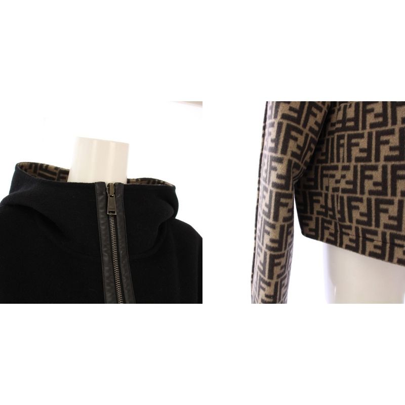 Fendi FF Logo Reversible Cropped Jacket Hoodie Outerwear 38 Black Beige