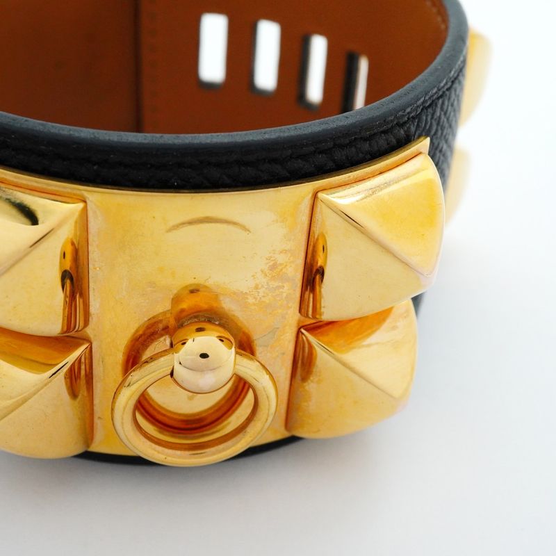 Hermes Bangle Corriedo Chien GP Plated Leather Gold Black Cles Dies