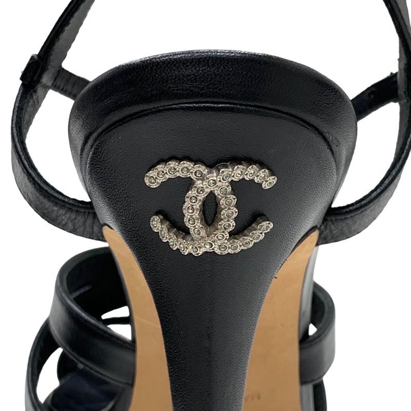 Chanel Sandals Shoes Leather Black Coco Mark Rhinestone