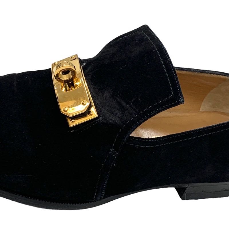 Hermes Loafers Leather Shoes Suede Black Gold Kelly Hardware Flat
