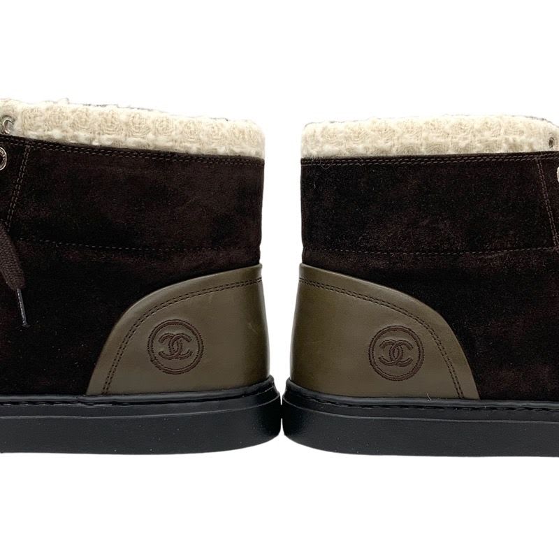 Chanel Sneakers Shoes Suede Leather Brown White High Cut Coco Mark