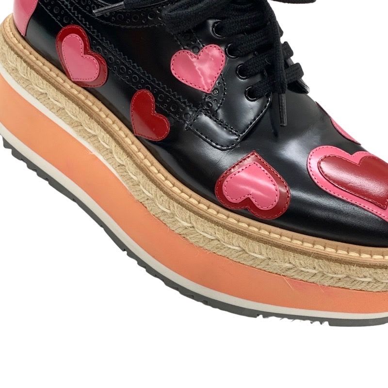 Prada Flat Shoes Black Red Pink Lace Up Heart Platform