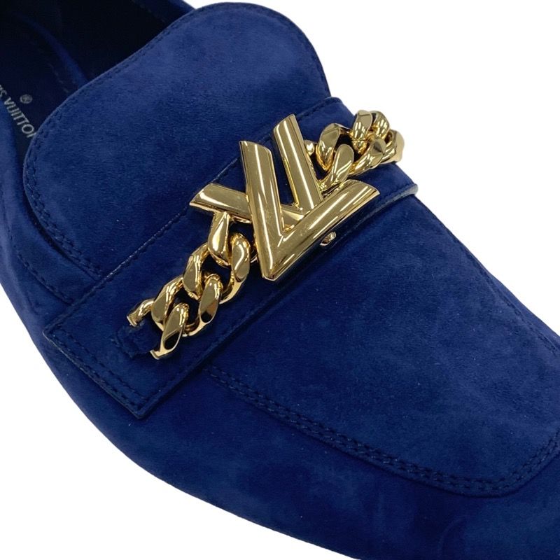 Louis Vuitton Upper Case Line Loafer Leather Shoes Suede Navy Gold Unused Chain