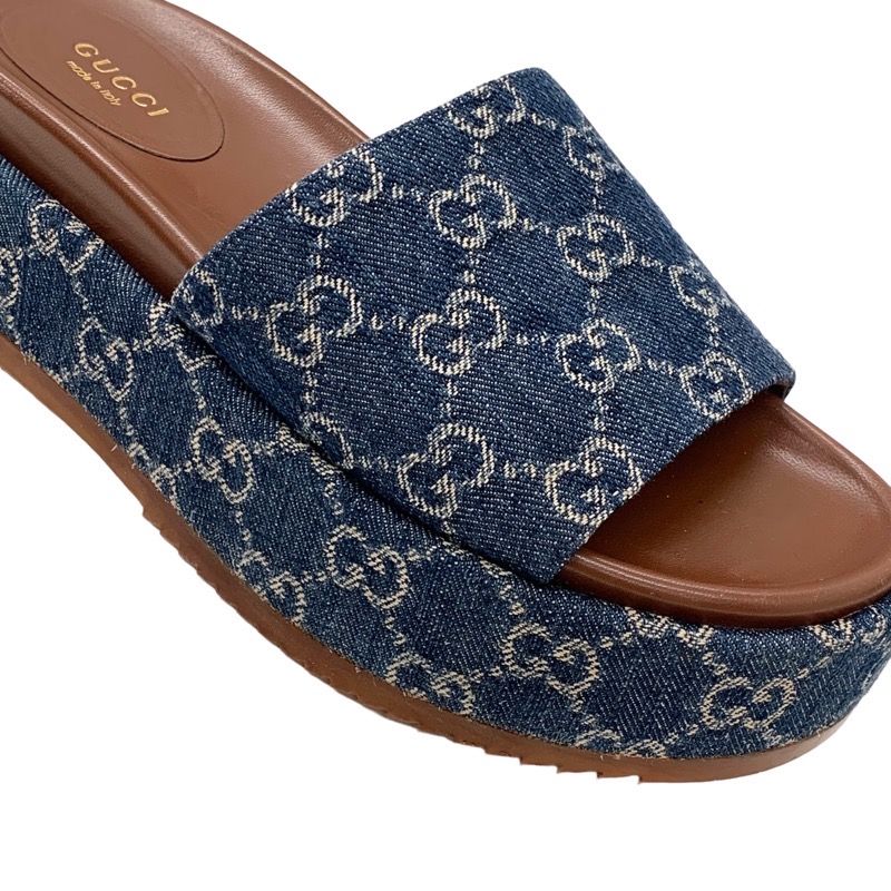 Gucci Sandals Shoes Denim Blue Brown GG Logo Platform Flat Mules