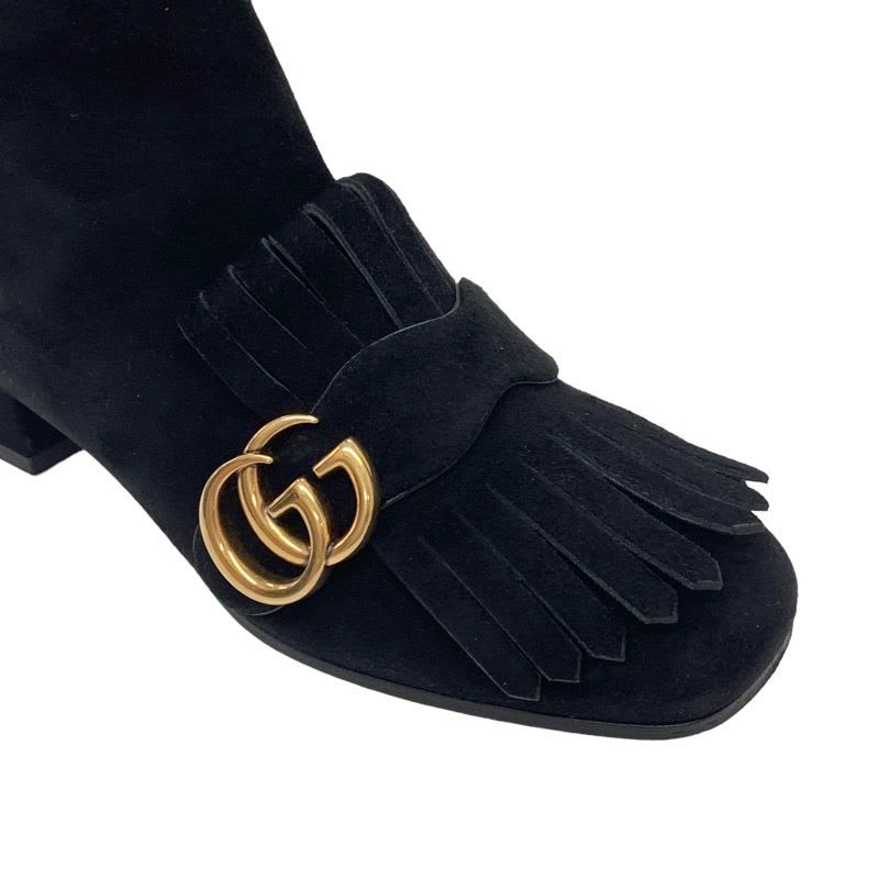 Gucci Double G Boots Long Shoes GG Marmont Fringe Suede Black