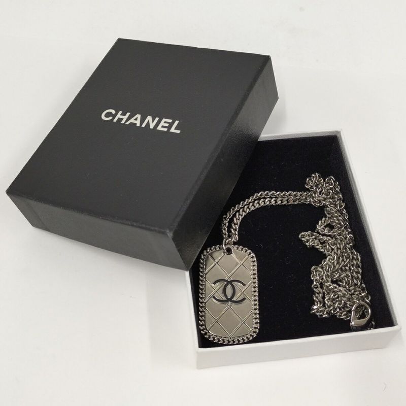 Chanel Long Necklace 09p Coco Mark Dog Tag Plate Silver Plated A41491