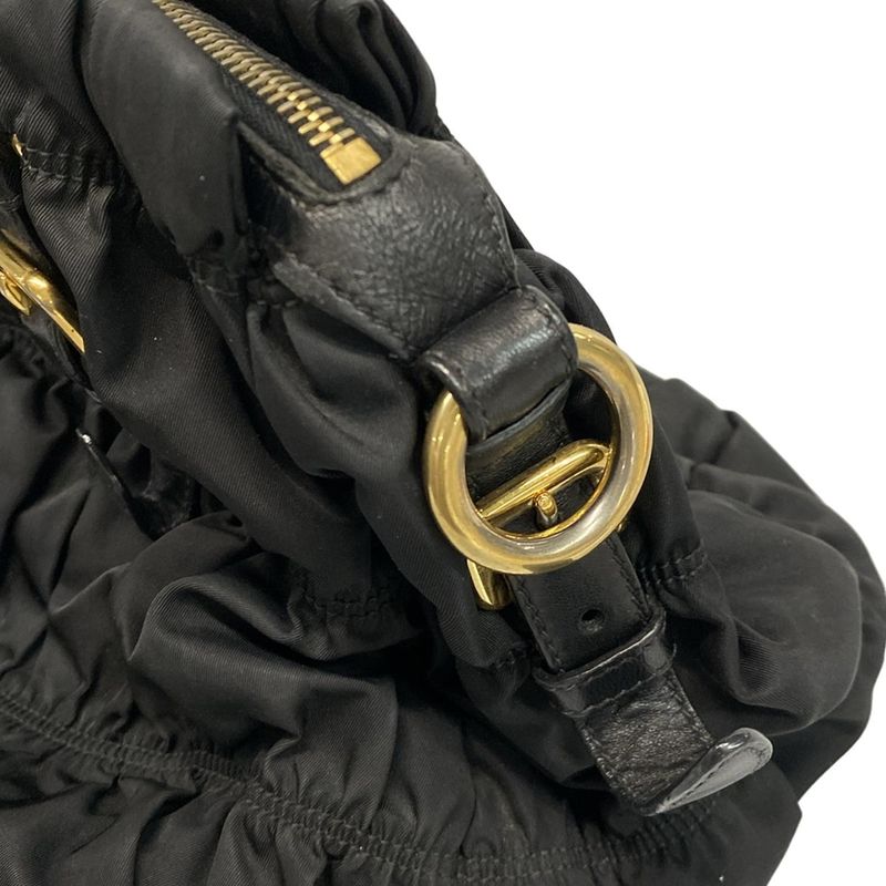 Prada Handbag Gathered Bag Black Leather Tag Leather