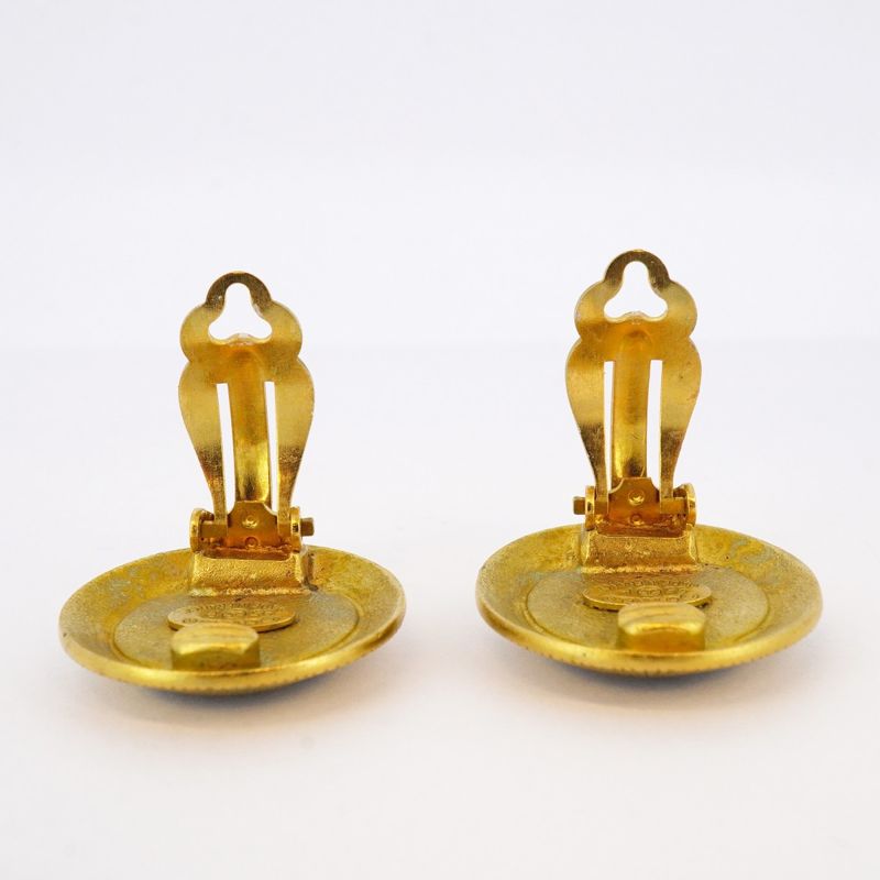 Chanel Earring Vintage Coco Mark Round Shape Circle GP Plated Gold Black Cles