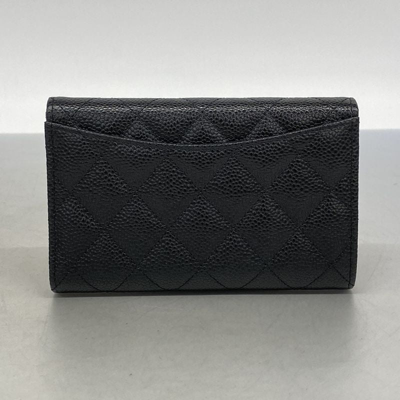 Chanel Trifold Wallet Matelasse Caviar Skin Black Silver Hardware Women's