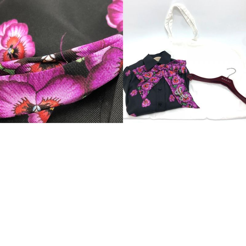 Gucci Long Sleeve Shirt Ribbon Flower Silk Black
