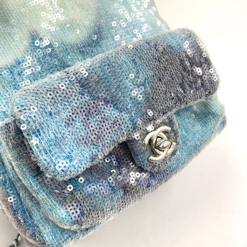 Chanel Coco Mark Sequins Serial Number 25 Leather X Sequins Light Blue Backpack