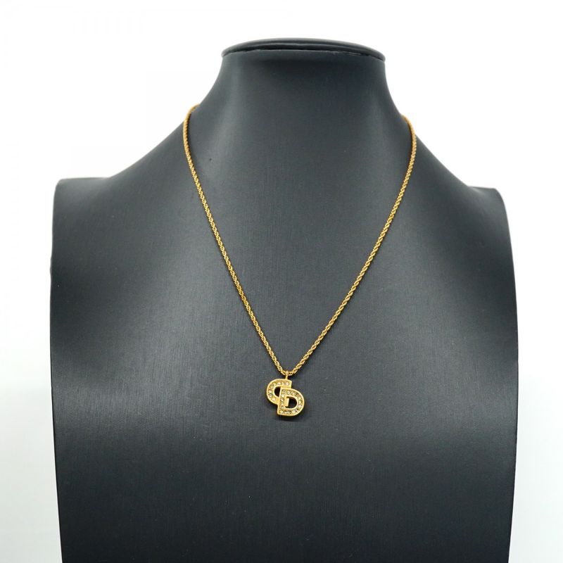 Christian Dior Necklace CD Logo GP Plated Rhinestone Gold Ladies