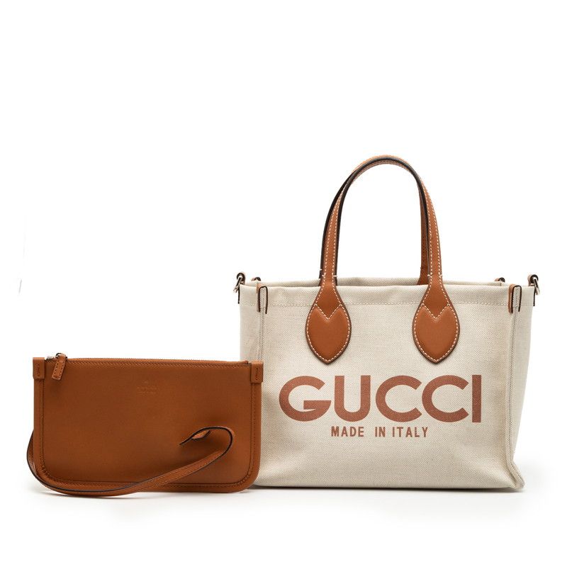 Gucci Logo Print Handbag Tote Bag 772144 Ivory Brown Canvas Leather Women's