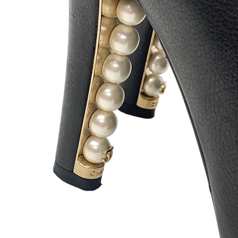 Chanel Boots Short Booties Lace Up Coco Mark Pearl Leather Black