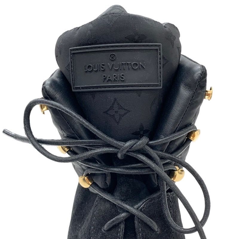 Louis Vuitton Monogram Boots Short Lace Up Wedge Sole Suede Nylon Black