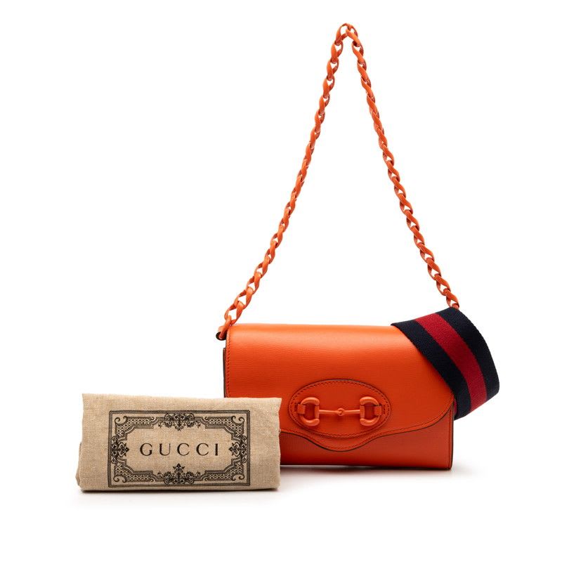 Gucci Horsebid Chain Shoulder Bag Orange Leather Women's