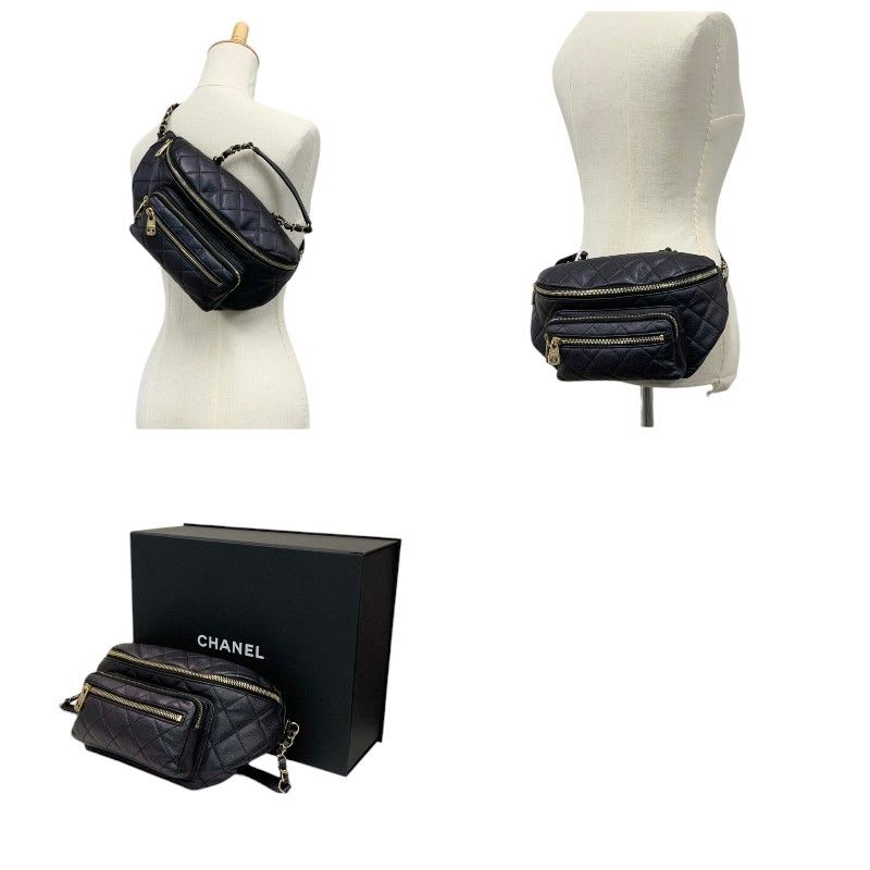 Chanel Bag Waist Pouch Body Caviar Leather Metallic Black Gold