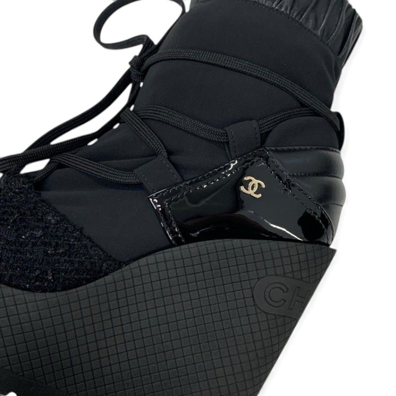 Chanel Boots Short Boots Shoes Fabric Leather Patent Black Gold Here Mark Logo
