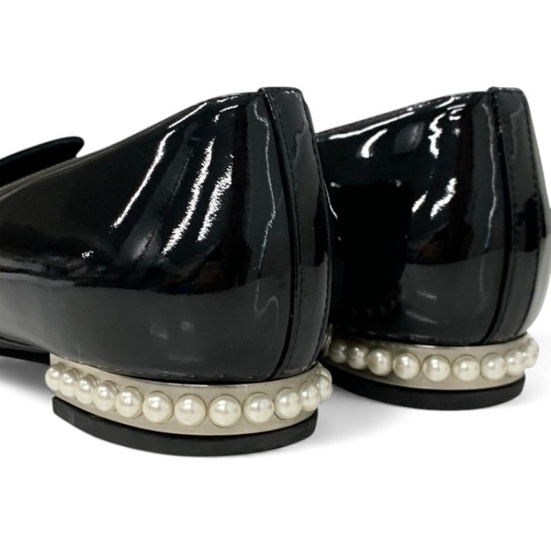Chanel Flat Shoes Leather Black Coco Mark Pearl Opera Shoes