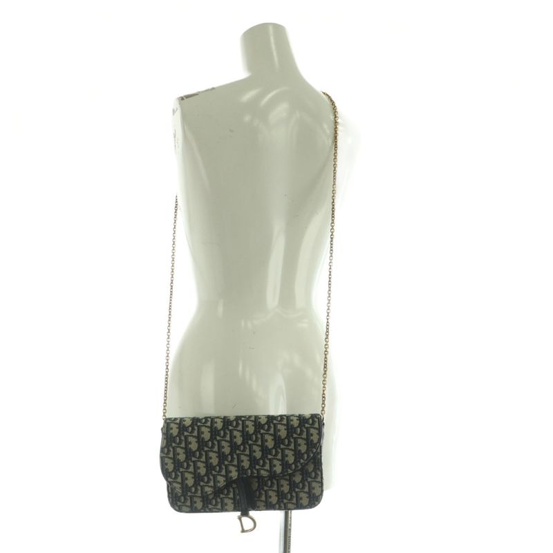 Christian Dior Saddle Chain Pouch Medium Bag Chain Shoulder Trotter Navy Beige