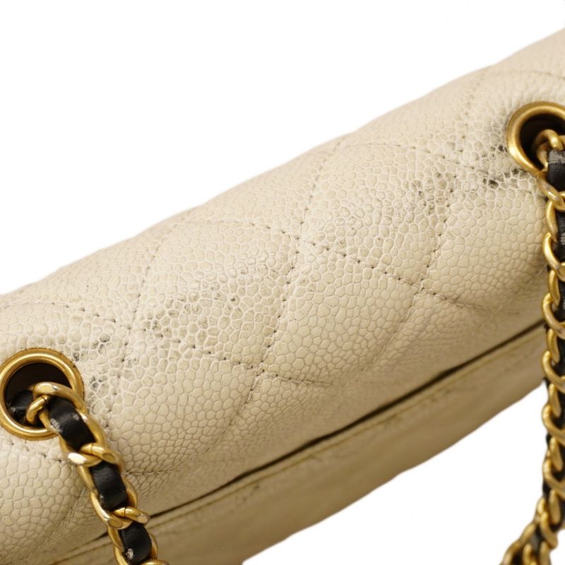 Chanel Shoulder Bag CC Filigree Caviar Skin White Black Gold Hardware Women's