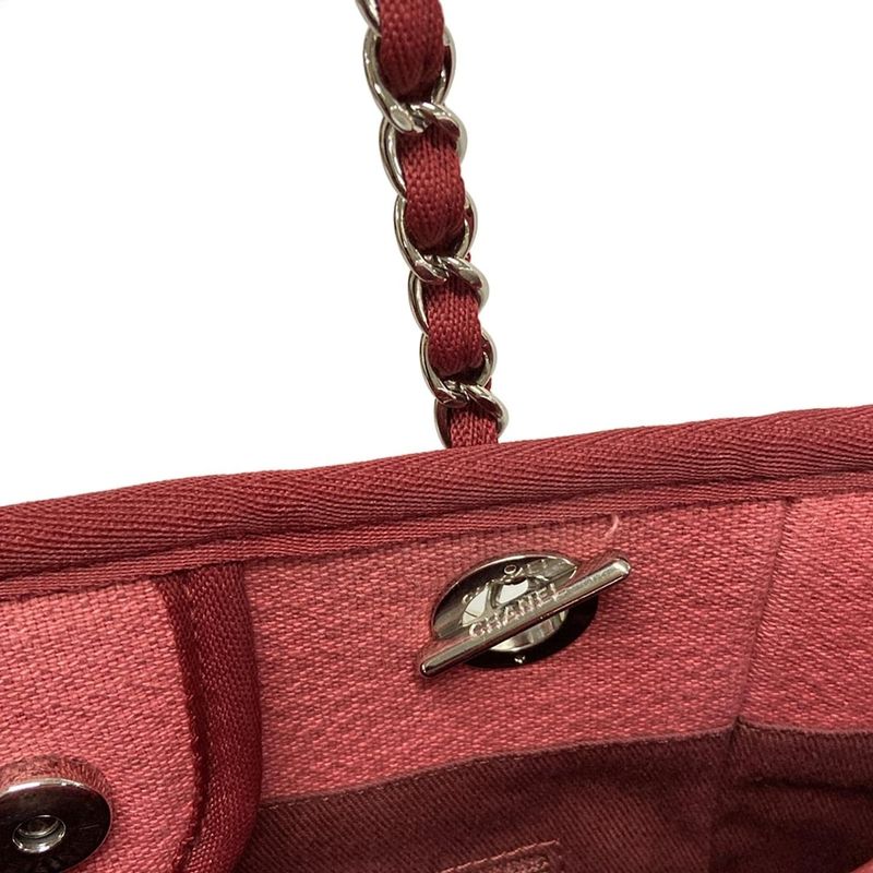 Chanel Tote Bag Deauville Line PM Red Chain Shoulder Silver Hardware