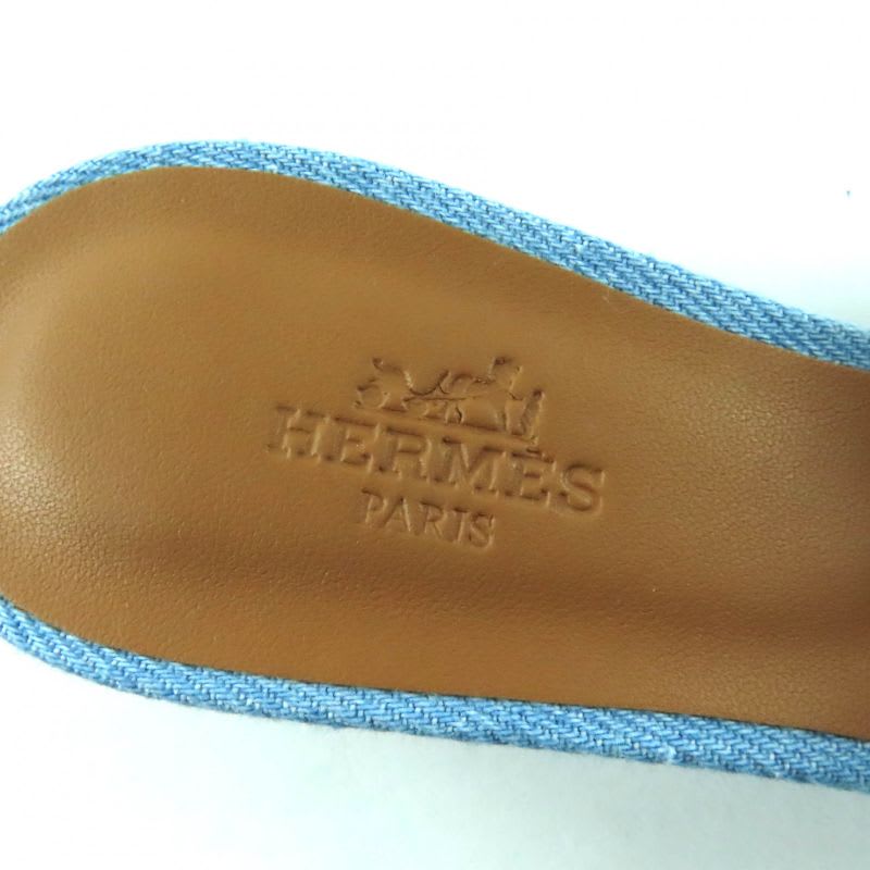 Hermes Oasis H Design Chunky Heel Denim Sandals Indigo 35 Boxes Storage Bag
