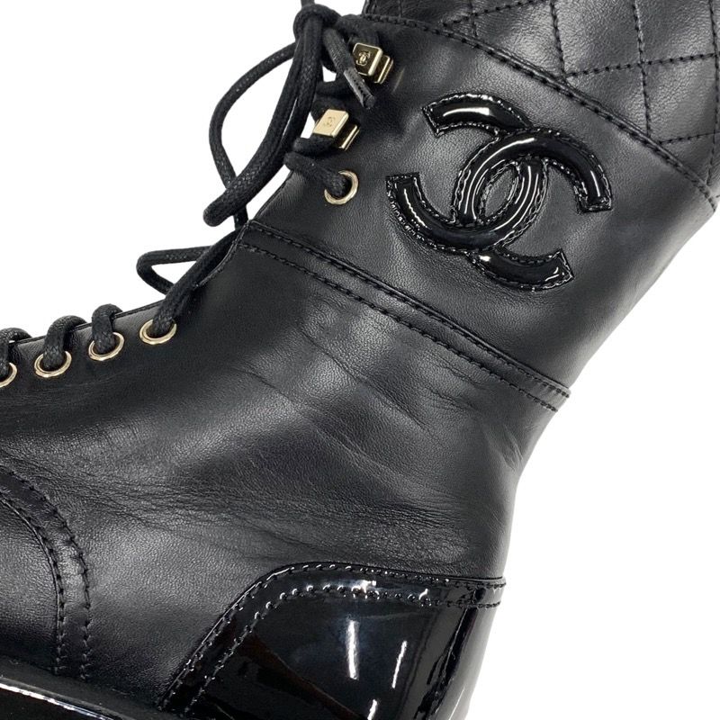Chanel Boots Short Boots Shoes Here Mark Lace Up Lambskin Patent Black