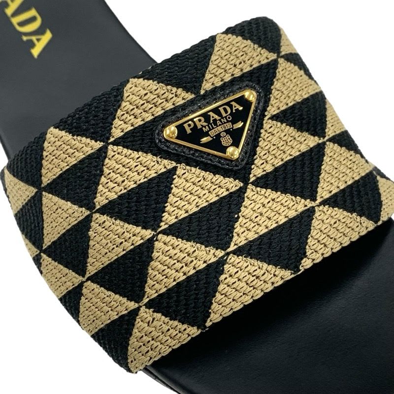Prada Sandals Flat Mules Shoes Logo Plate Triangle Fabric Black Beige