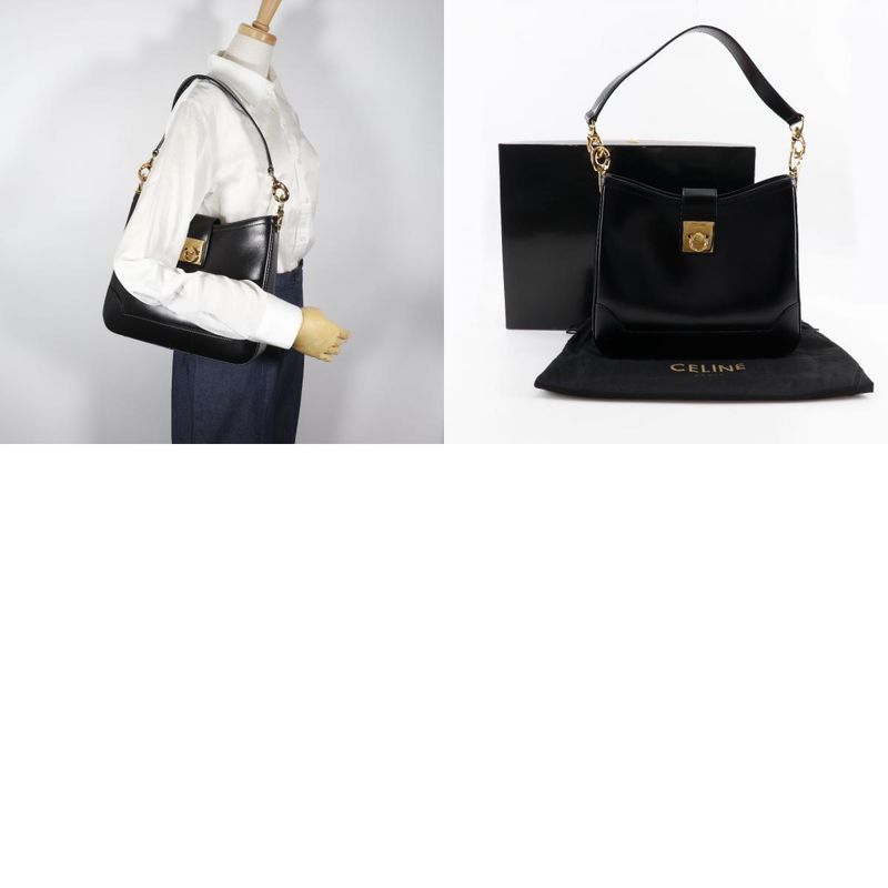 Celine Logo Vintage Calf Black Women's Shoulder Bag